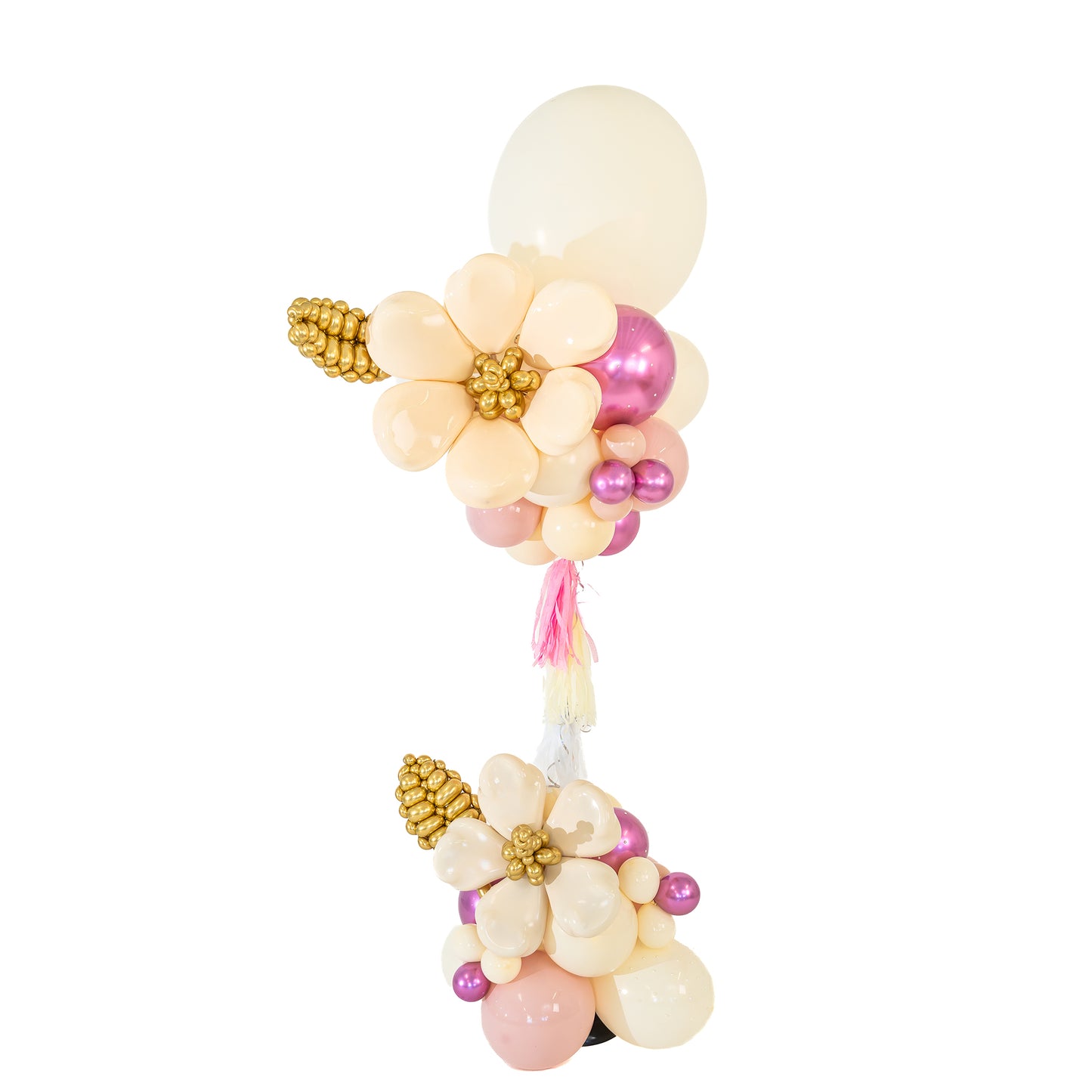 Luxury Birthday Balloons Toronto with floating ivory flowers, pink balloons and gold leaves by Wooow Balloons