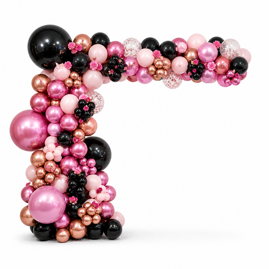 Luxury pink, black and rose gold balloon garland backdrop with organic design, premium event balloon decor Toronto GTA
