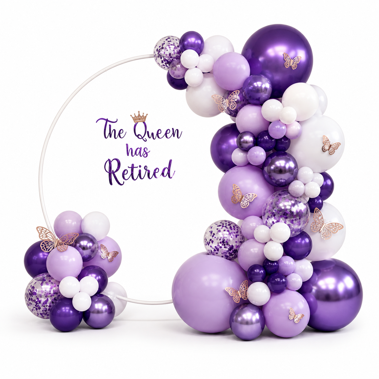 Luxury retirement balloon hoop backdrop in purple, lavender and white with butterfly accents, elegant event balloon decor Toronto GTA