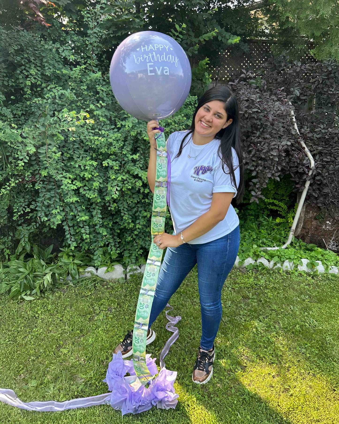 Personalized Money Balloon gift with purple Happy Birthday message and cash surprise by Wooow Balloons Toronto