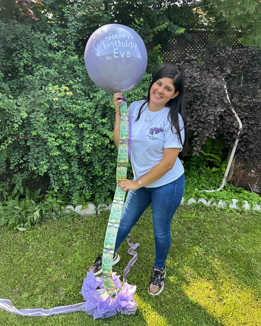 Personalized Money Balloon gift with purple Happy Birthday message and cash surprise by Wooow Balloons Toronto