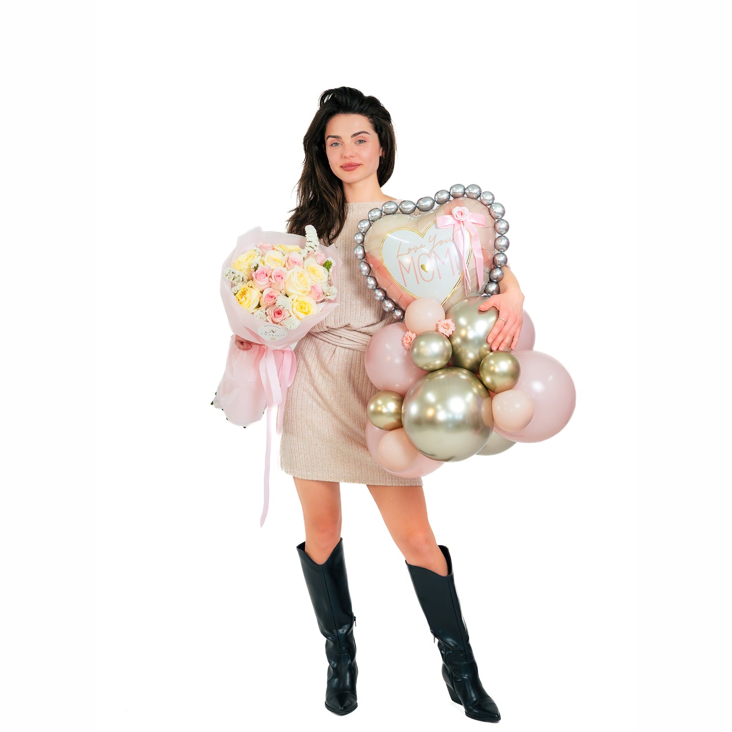 Luxury Mother’s Day balloon arrangement paired with flowers for delivery in Toronto
