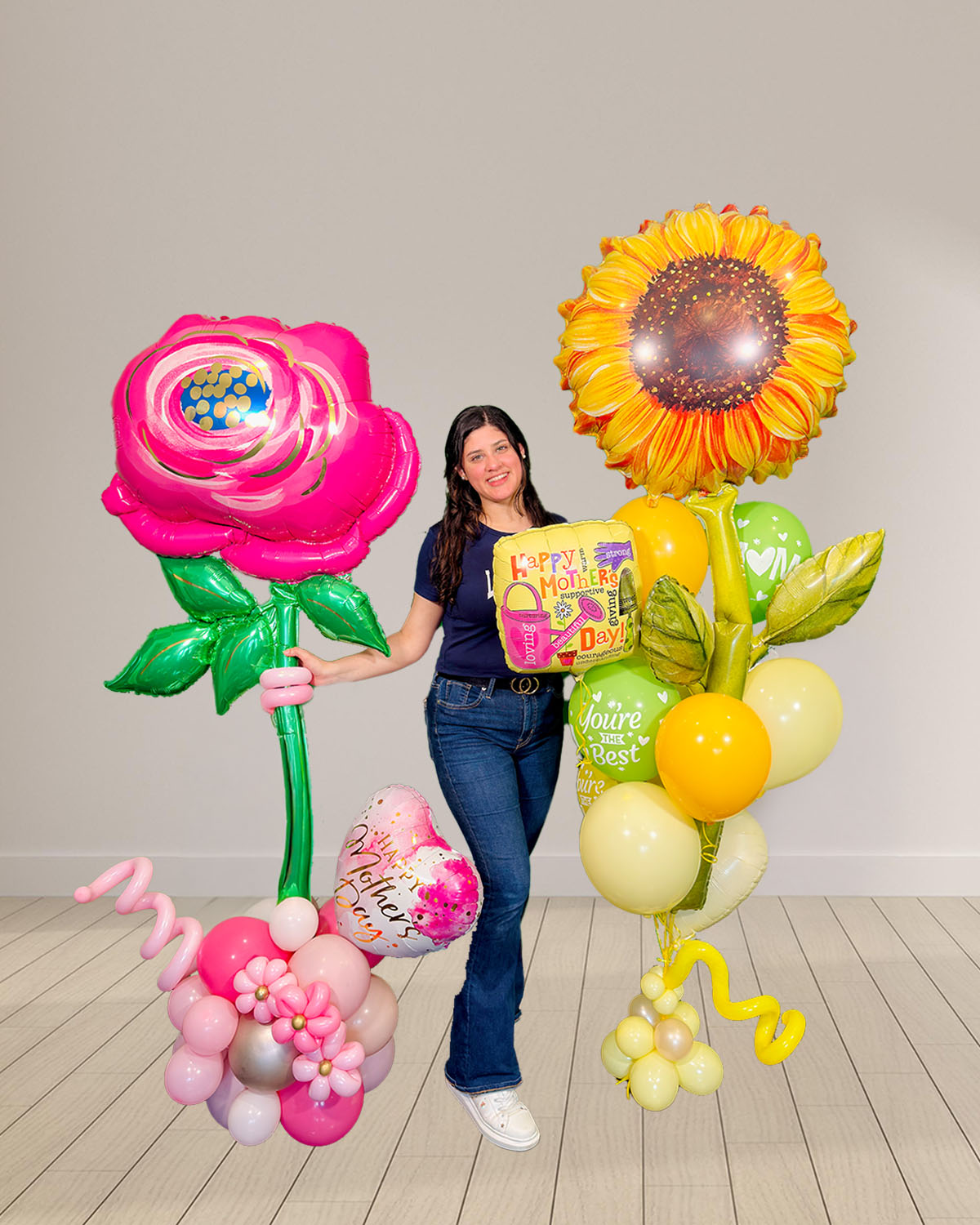 Motherās Day Giant Flower Balloons Bundle Toronto ā large pink rose and sunflower balloon arrangement with heart and message balloons by Wooow Balloons