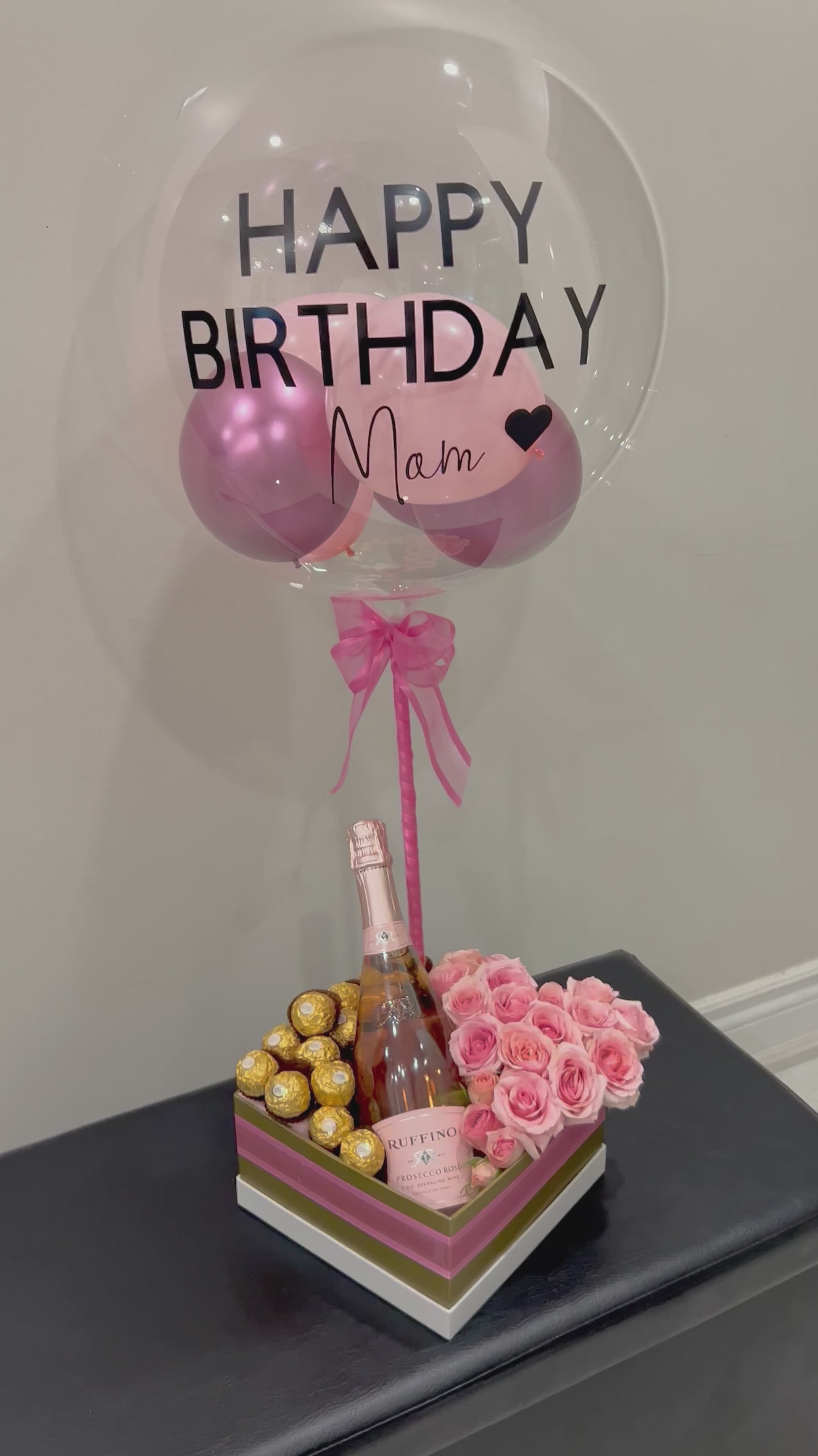 Luxury Bobo Balloon Gift Box with custom balloon, roses, wine, and Ferrero chocolates, perfect for special celebrations.