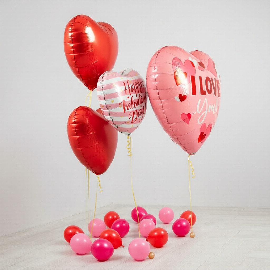 Romantic Valentines balloons Toronto set with helium heart balloons and Valentine message balloon for gifting and décor
