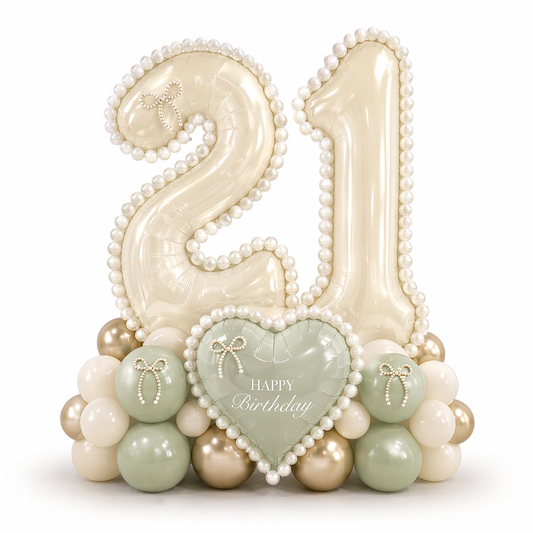 Elegant balloon number display with cream foil numbers and sage green, ivory and gold balloons, luxury birthday balloon decor setup in Toronto