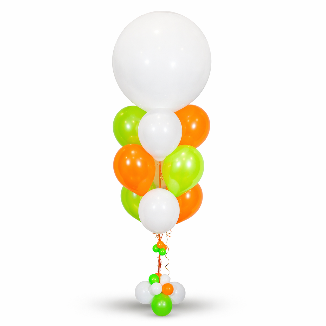 Single jumbo balloon bouquet with white, orange, and green helium balloons for elegant event decor in Toronto by Wooow Balloons.