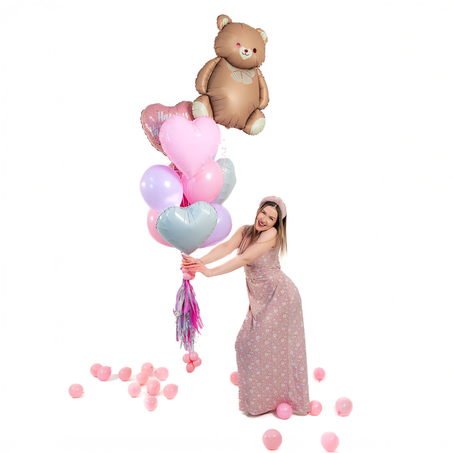 Toronto Valentines balloons bouquet with teddy bear foil balloon, pastel balloons, and tassel tail.