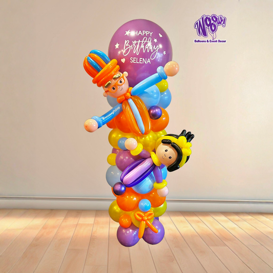 Bippli balloon column with “Happy Birthday Selena” topper, colorful Toronto balloons for kids birthday party decor.