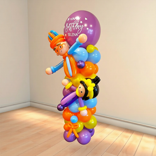 Side view of Bippli balloon column with custom birthday message, Balloons Toronto setup for a kids celebration.