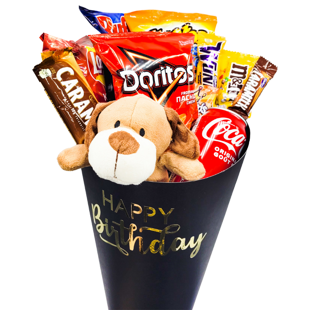 Customizable Candy Cone with 10 treats and a stuffed animal, ideal for celebrations.