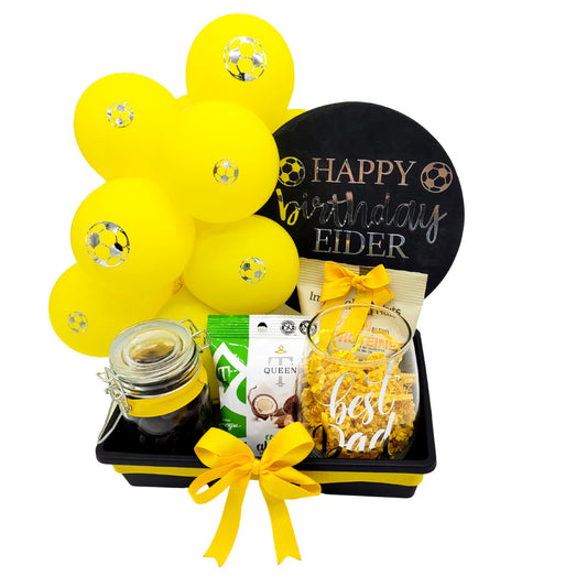 Birthday Gift Basket with Balloon Garland, Snacks, and Custom Message for Delivery in Toronto.
