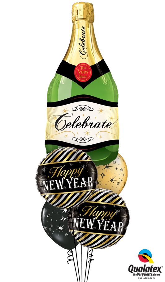 Happy New Year Balloon Bouquet with Supershape, Foil, and Latex Balloons for Celebrations in Toronto.