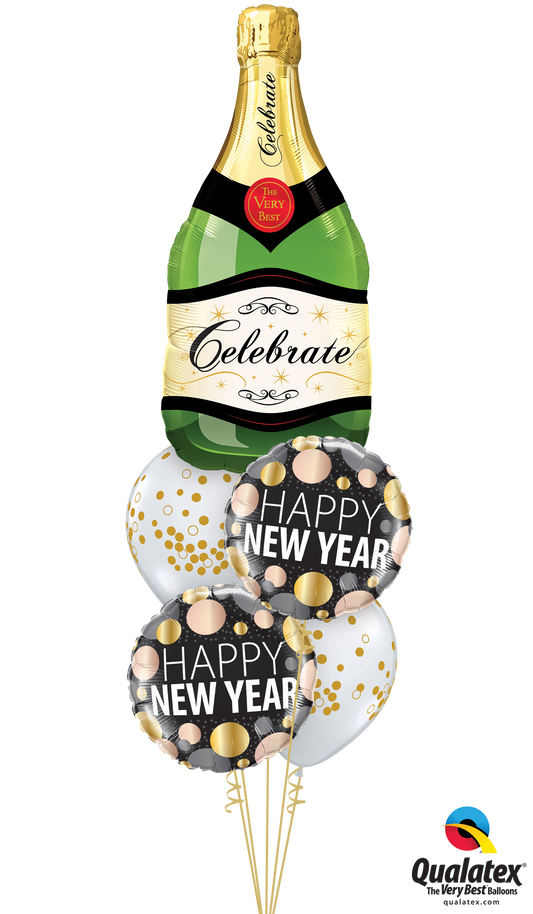 Happy New Year Balloon Bouquet with Supershape, Foil, and Latex Balloons for Celebrations in Toronto.