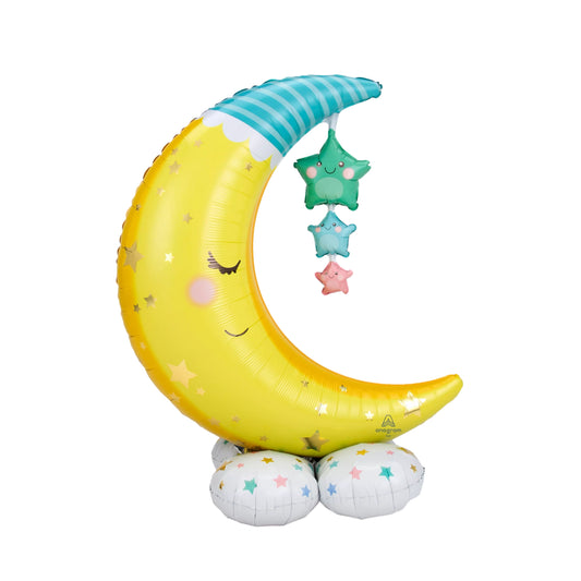 Moon & Stars Balloon for baby showers and newborn decor, freestanding with weight and transportation bag.