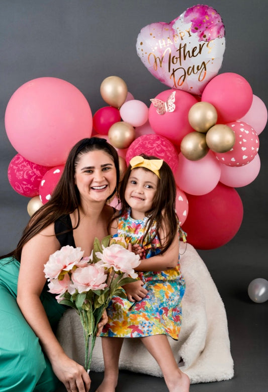 Mother’s Day Balloon Cluster featuring pink, gold, and white balloons with a special "Happy Mother’s Day" balloon, perfect for celebrations.