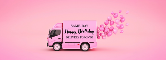 Same-day happy birthday balloon delivery Toronto banner featuring a pink delivery truck and pink balloons on a pastel background.