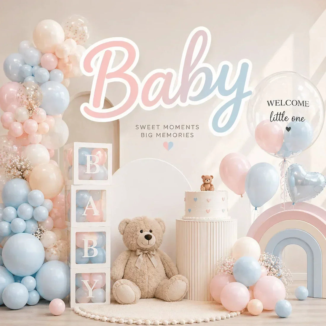 Gender reveal balloons and baby shower decorations in Toronto