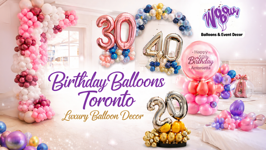 Birthday balloons Toronto luxury setup with number balloons, garland decor and custom birthday balloon arrangement by Wooow Balloons