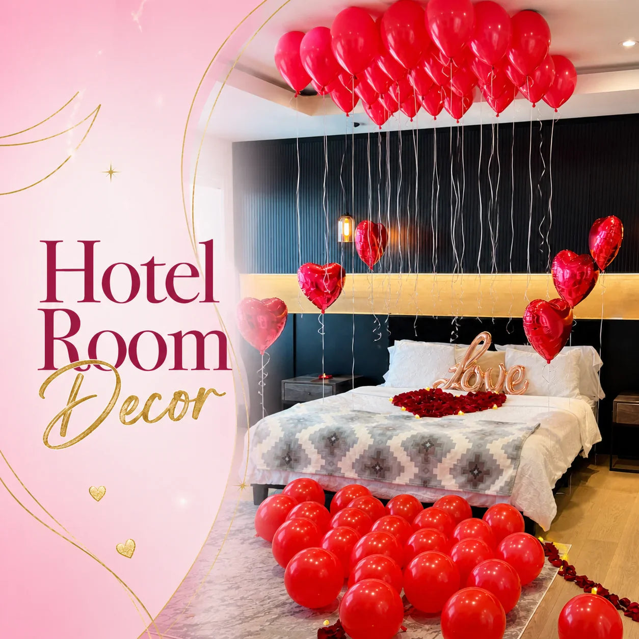 Romantic hotel room balloon decoration setup in Toronto with ceiling balloons, heart balloons, rose petals, and luxury birthday room decor by Wooow Balloons.