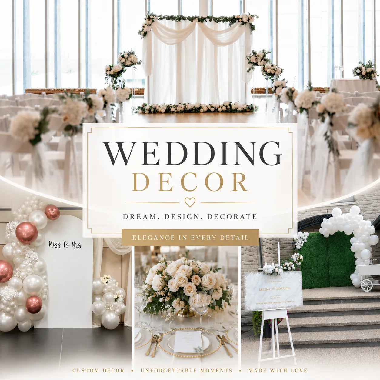 Elegant wedding decor in Toronto featuring ceremony backdrops, floral styling, luxury balloon decor, aisle arrangements, and wedding event decorations by Wooow Balloons in the GTA.