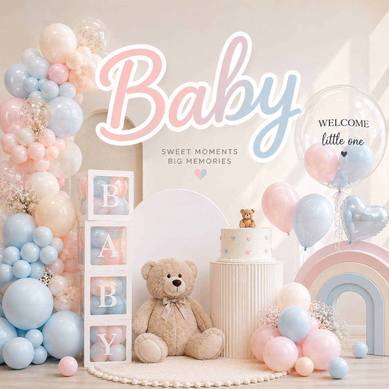 Pastel baby balloon decorations in Toronto featuring pink and blue baby shower balloons, BABY balloon boxes, teddy bear decor, custom welcome balloon, and elegant baby party styling by Wooow Balloons.