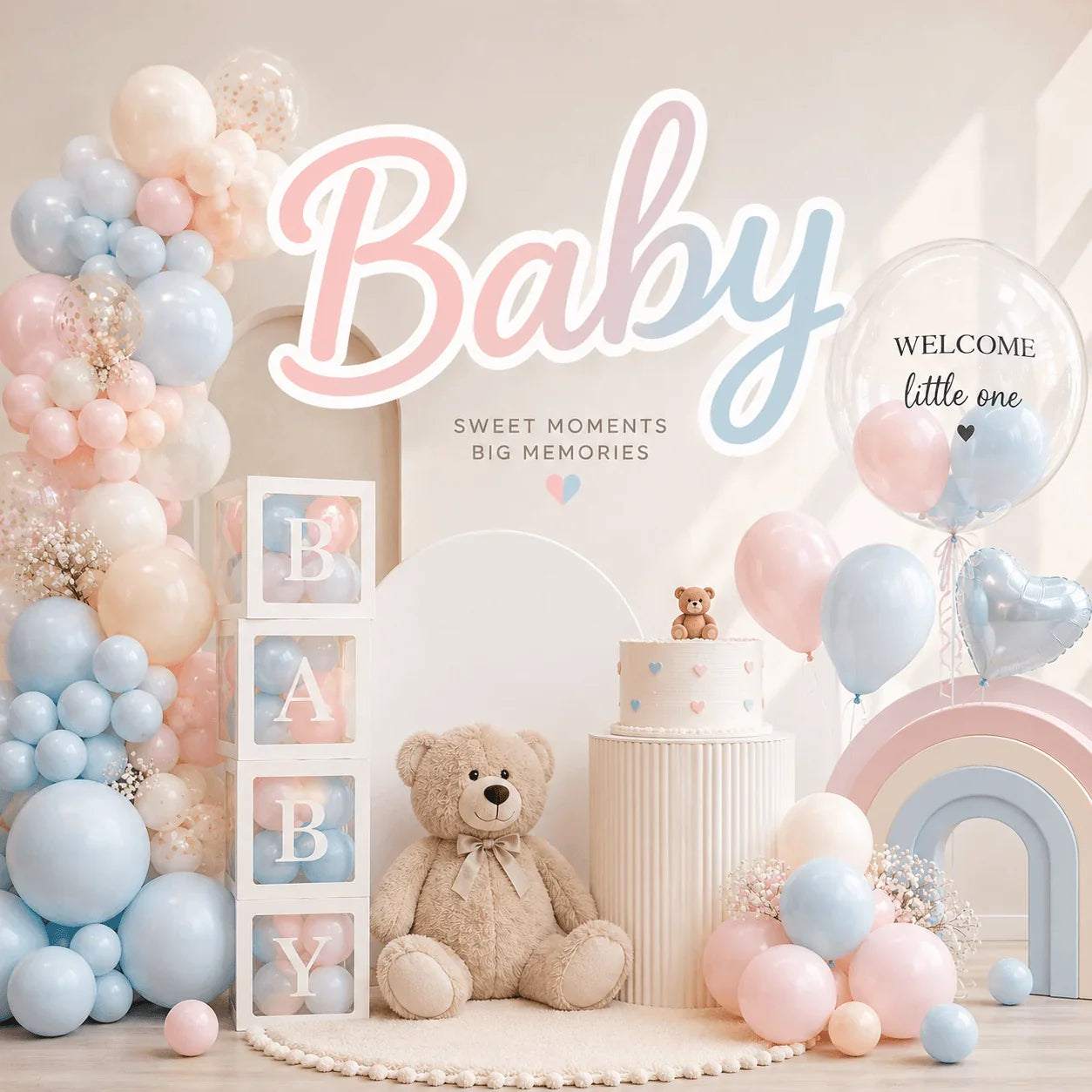 Pastel baby balloon decorations in Toronto featuring pink and blue baby shower balloons, BABY balloon boxes, teddy bear decor, custom welcome balloon, and elegant baby party styling by Wooow Balloons.