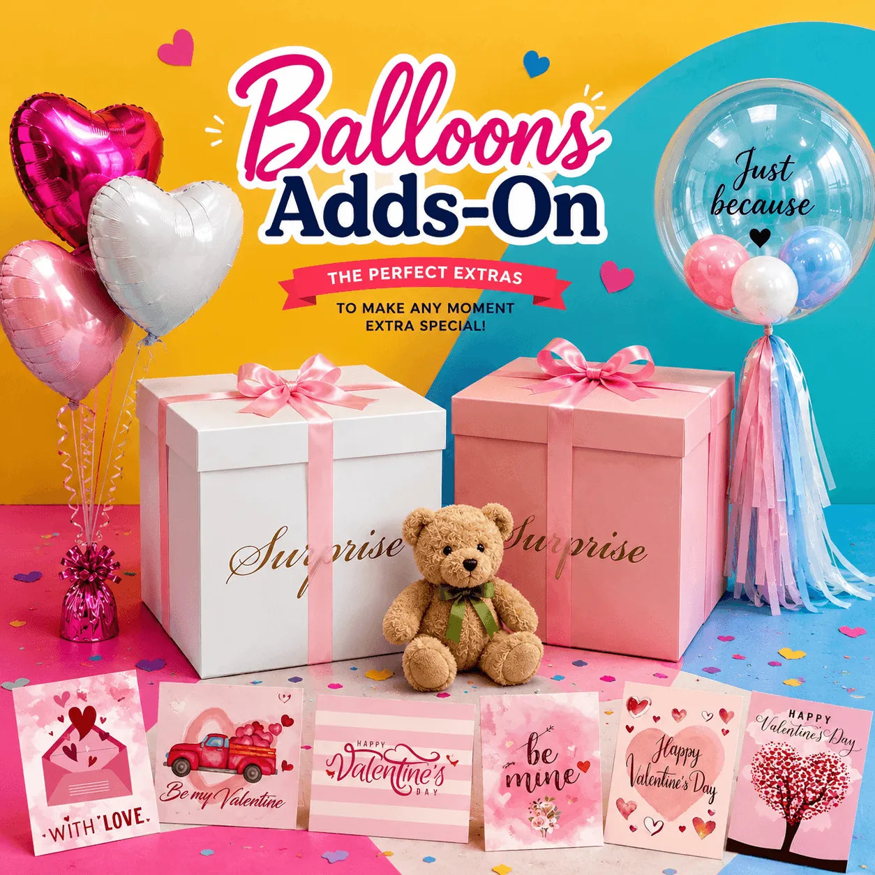 Balloon add-ons in Toronto featuring surprise gift boxes, teddy bear, heart balloon bouquet, custom bubble balloon, and birthday greeting cards by Wooow Balloons.