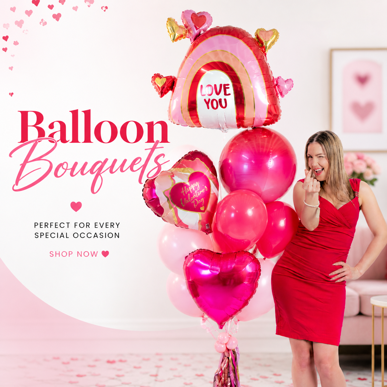Elegant pink and red balloon bouquet with heart balloons and love message, perfect romantic gift delivery in Toronto
