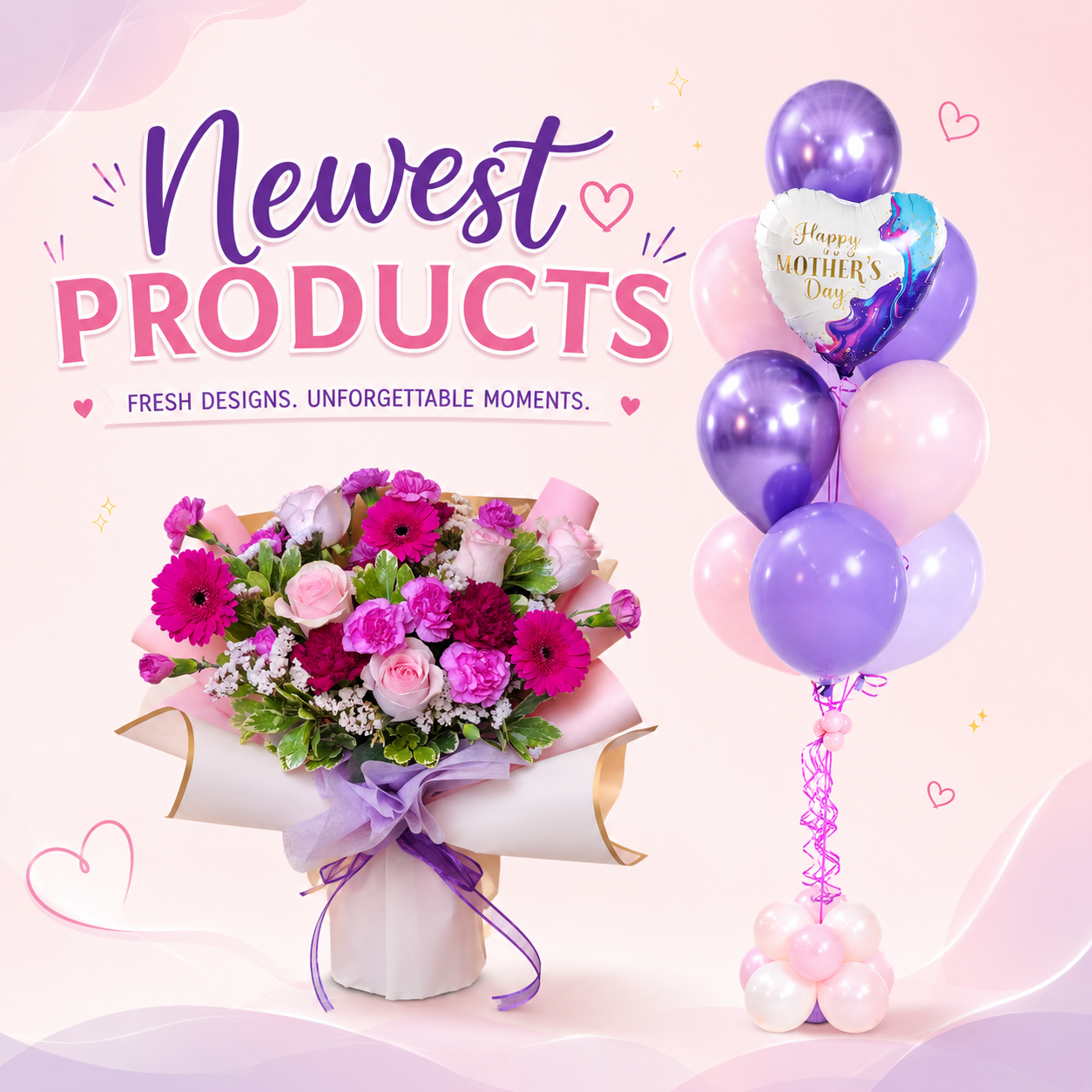 Newest Products collection banner featuring fresh flower bouquet and pastel balloon arrangements for gifts and celebrations in Toronto by Wooow Balloons