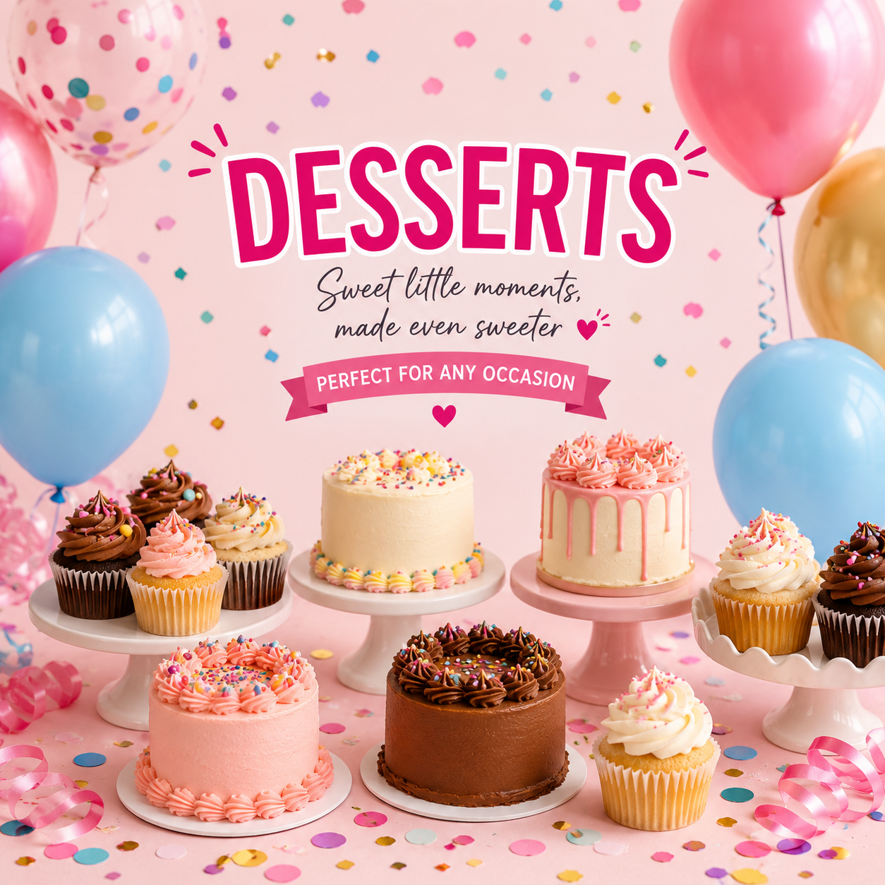 Birthday desserts in Toronto featuring mini birthday cakes, cupcakes, balloons, and confetti for kids parties, birthdays, and special celebrations by Wooow Balloons.