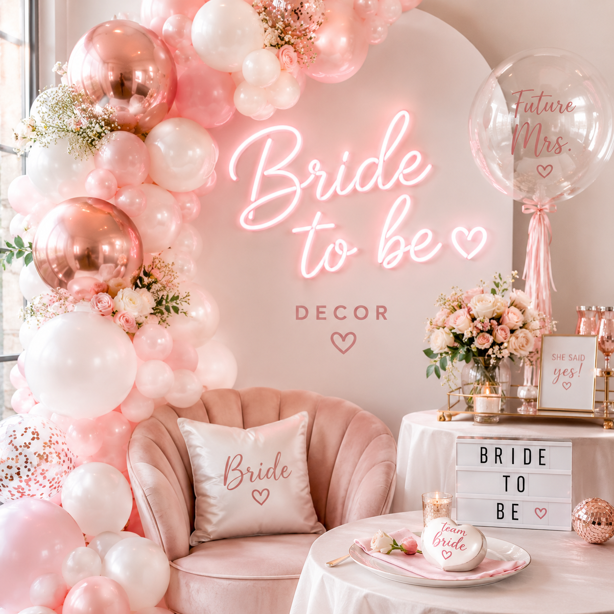Bride to Be Decor balloon setup in Toronto featuring elegant blush pink, white and rose gold balloons with premium bridal shower backdrop and custom bachelorette party decorations.