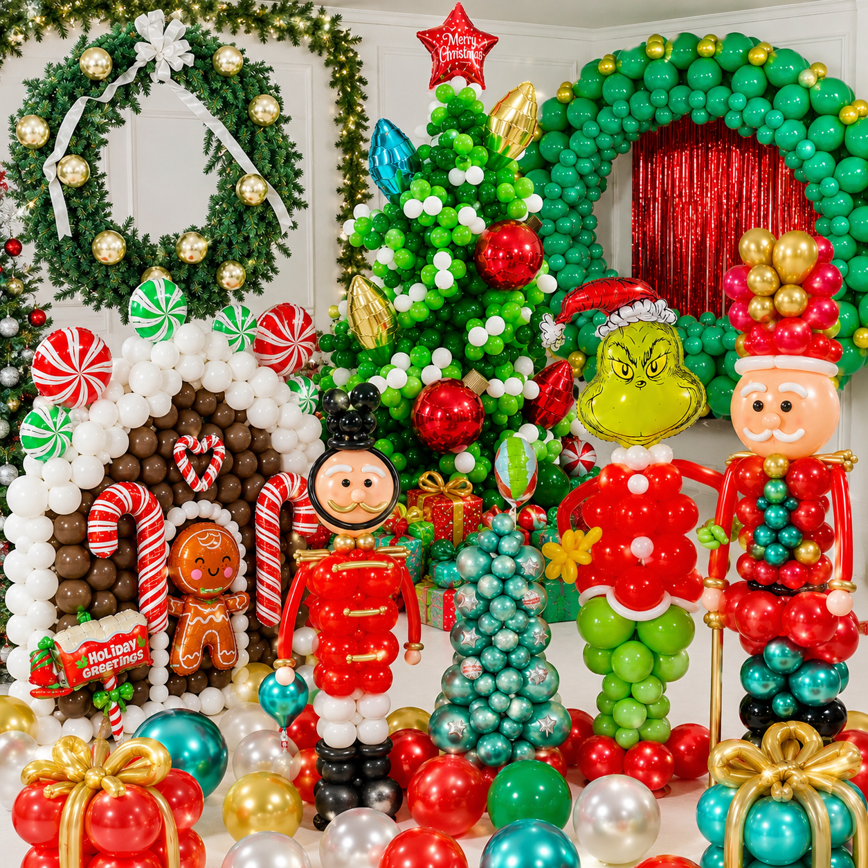Christmas Balloons Toronto Collection featuring premium holiday balloon decorations, Grinch balloons, nutcracker sculptures, balloon Christmas tree and festive balloon setups by Wooow Balloons in Toronto & GTA.