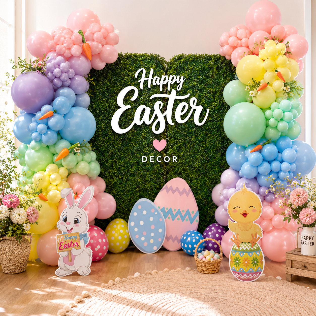 Easter balloon decor in Toronto featuring pastel balloon garlands, Easter bunny props, colorful eggs and premium event backdrop for Easter celebrations and spring parties.