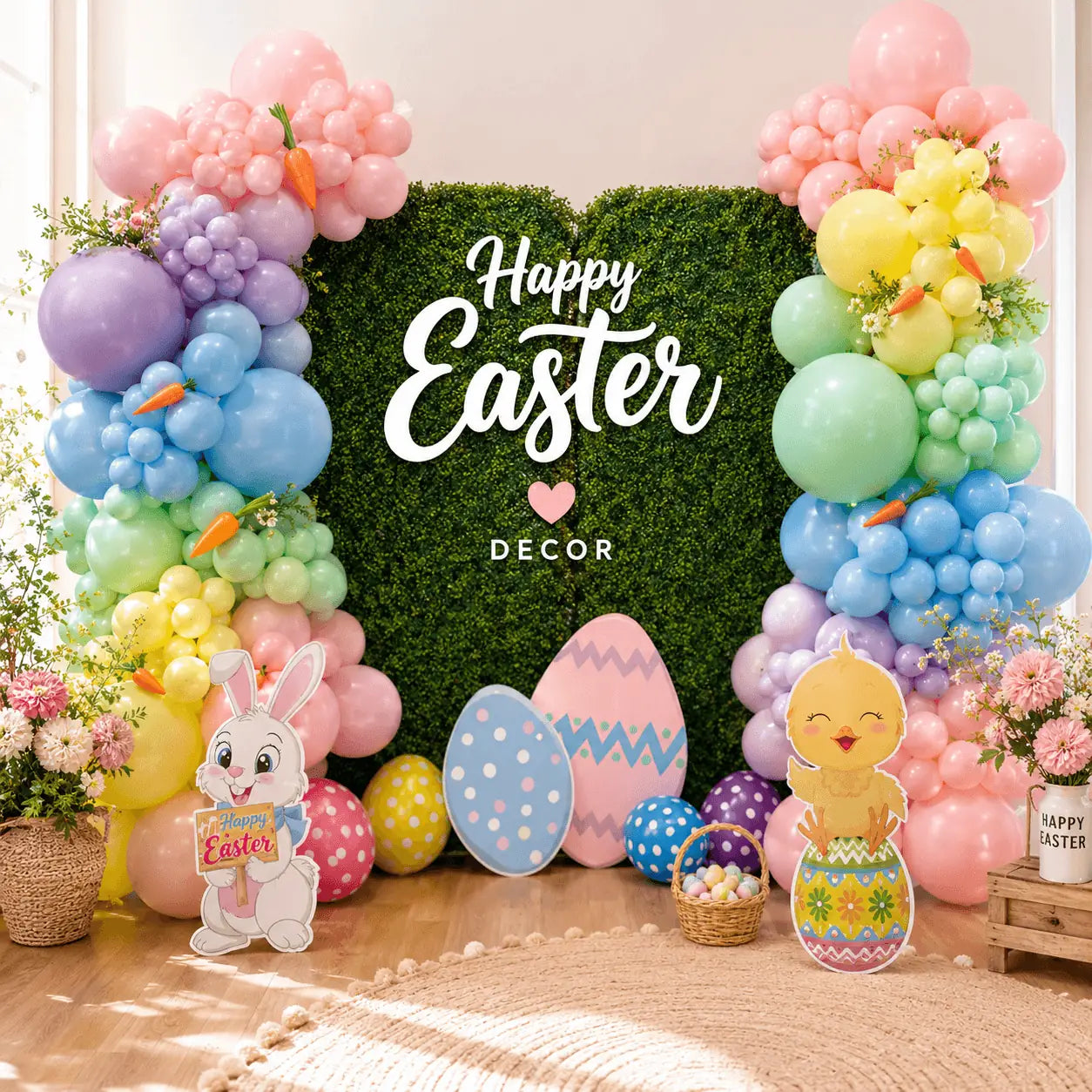 Easter balloon decor in Toronto featuring pastel balloon garlands, Easter bunny props, colorful eggs and premium event backdrop for Easter celebrations and spring parties.