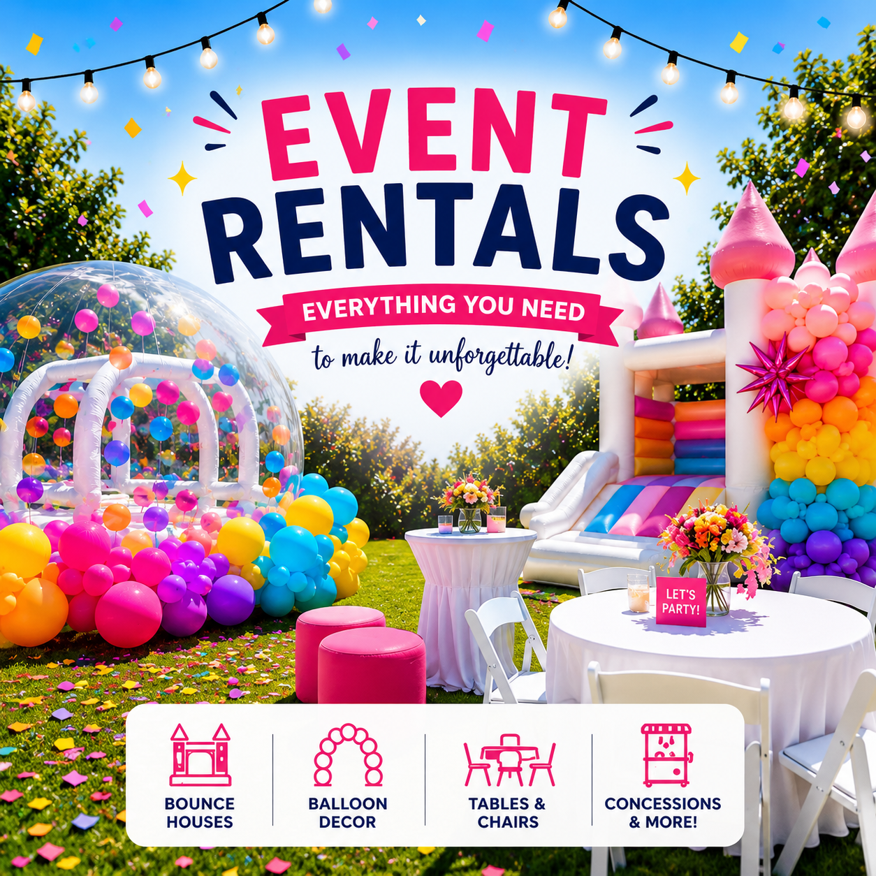 Event rentals in Toronto featuring bubble house rental, bounce castle, balloon decor, party tables and chairs for birthdays, baby showers, and special events by Wooow Balloons.