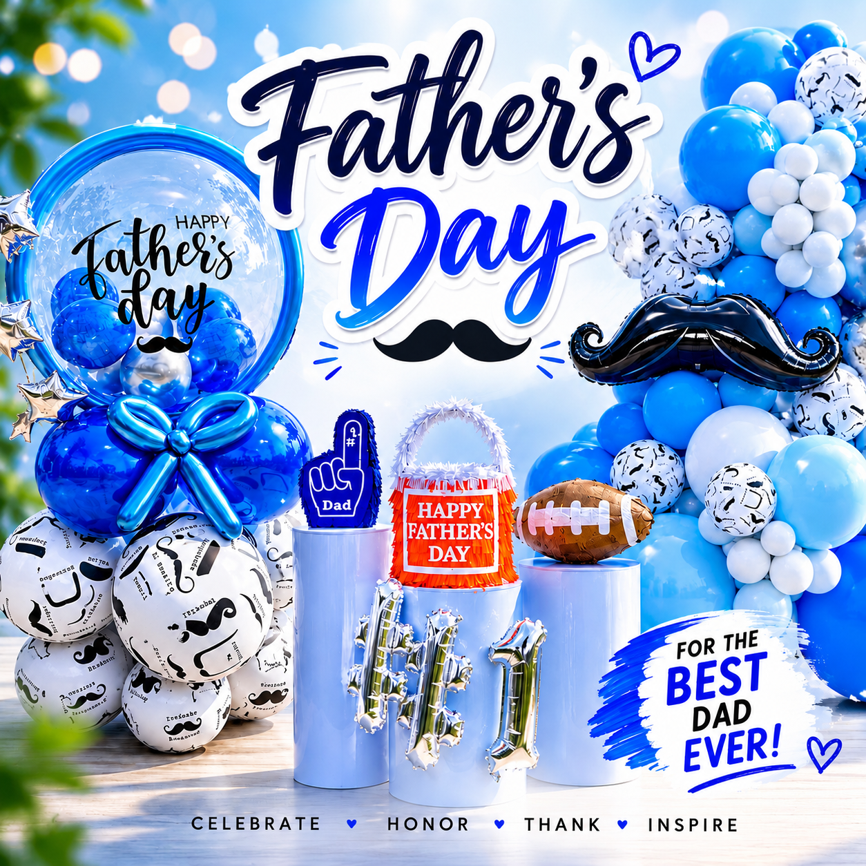 Premium Father’s Day balloon decorations collection featuring blue and silver balloon arrangements, Father’s Day gift balloons, themed balloon decor and celebration setups in Toronto & GTA by Wooow Balloons.