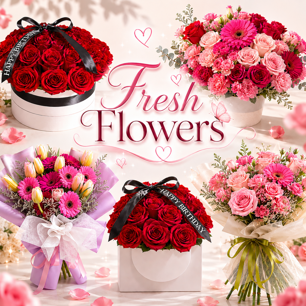 Fresh Flowers collection banner featuring elegant fresh flower bouquets with roses, tulips, and floral arrangements in soft pink tones for flower delivery in Toronto.