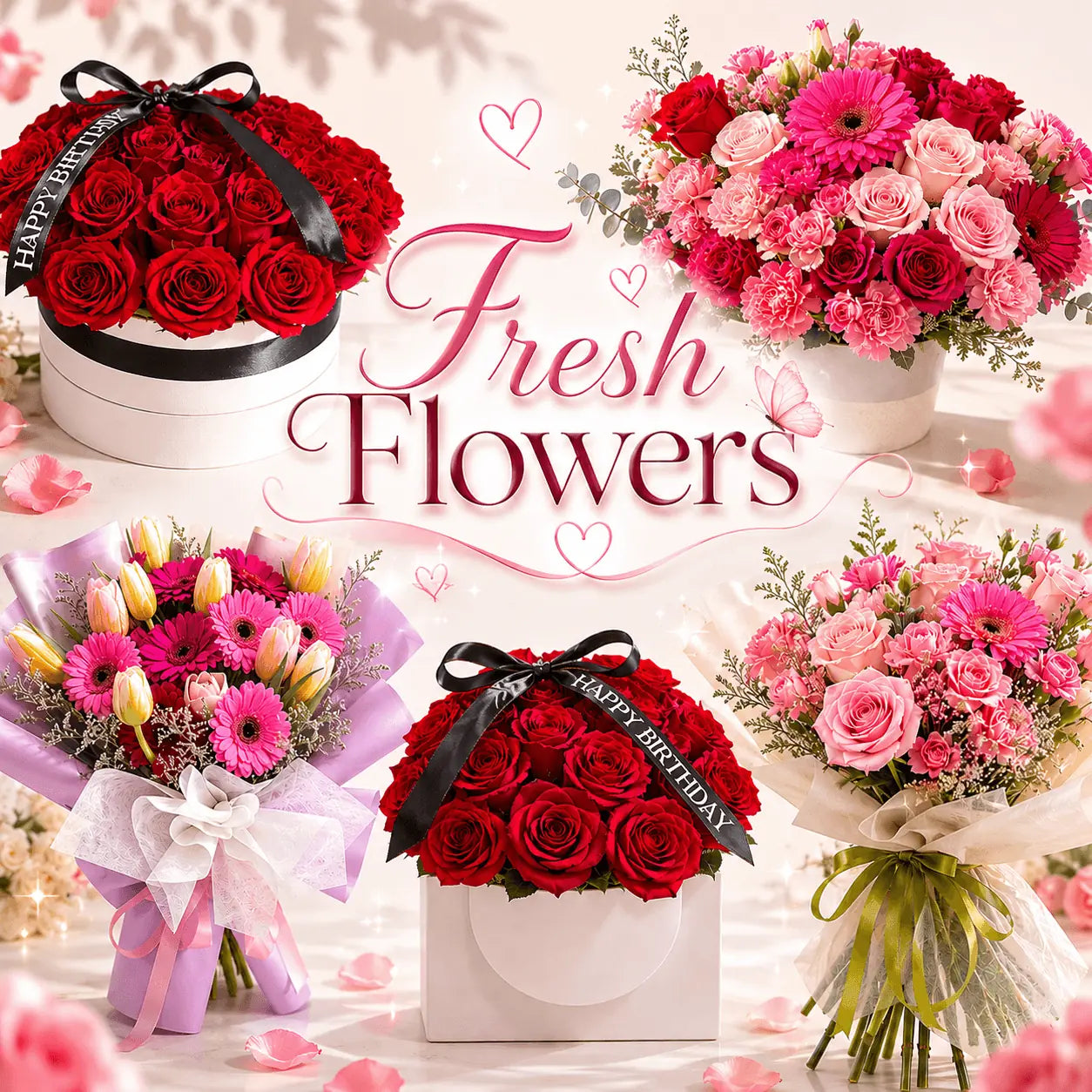 Fresh Flowers collection banner featuring elegant fresh flower bouquets with roses, tulips, and floral arrangements in soft pink tones for flower delivery in Toronto.