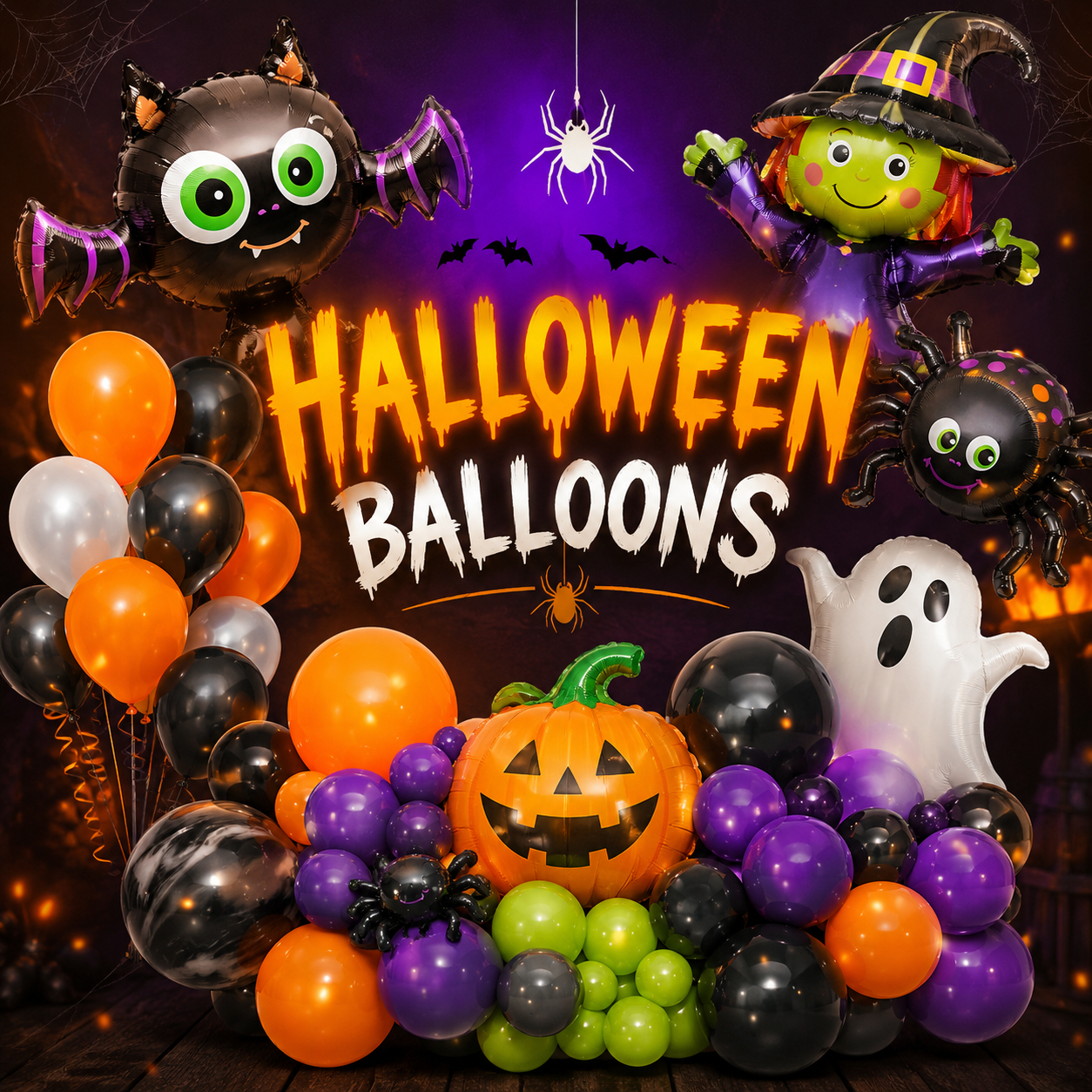 Halloween balloons collection with spooky balloon characters, pumpkin balloon, ghost and spider balloons for Halloween party decorations in Toronto and GTA. Premium Halloween balloon decor for kids and events.