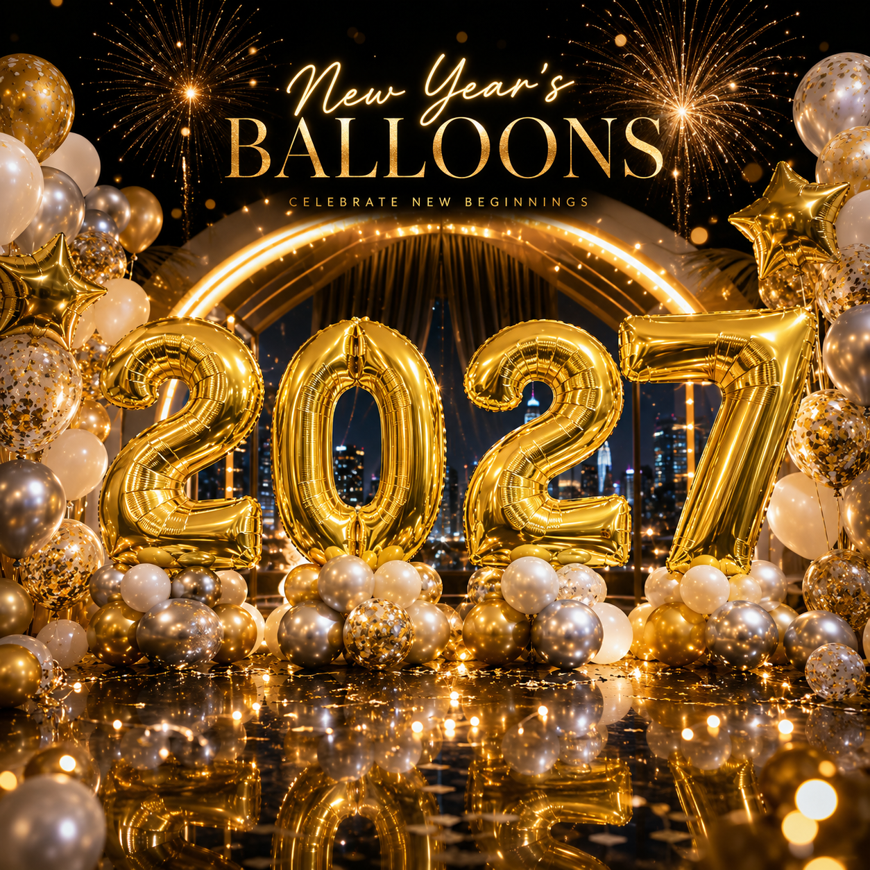 Happy New Year Balloons Toronto 2027 collection banner featuring luxury gold, silver and white balloon decor with giant 2027 foil numbers for New Year’s Eve celebrations in Toronto & GTA.