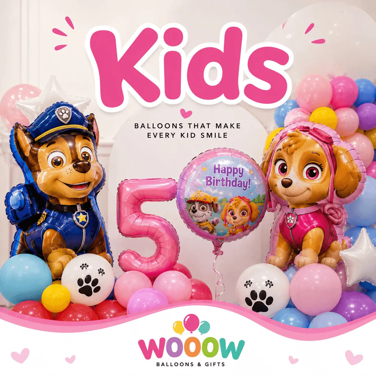 Kids balloon decorations in Toronto with colorful Paw Patrol themed birthday balloons and luxury kids party decor by Wooow Balloons.