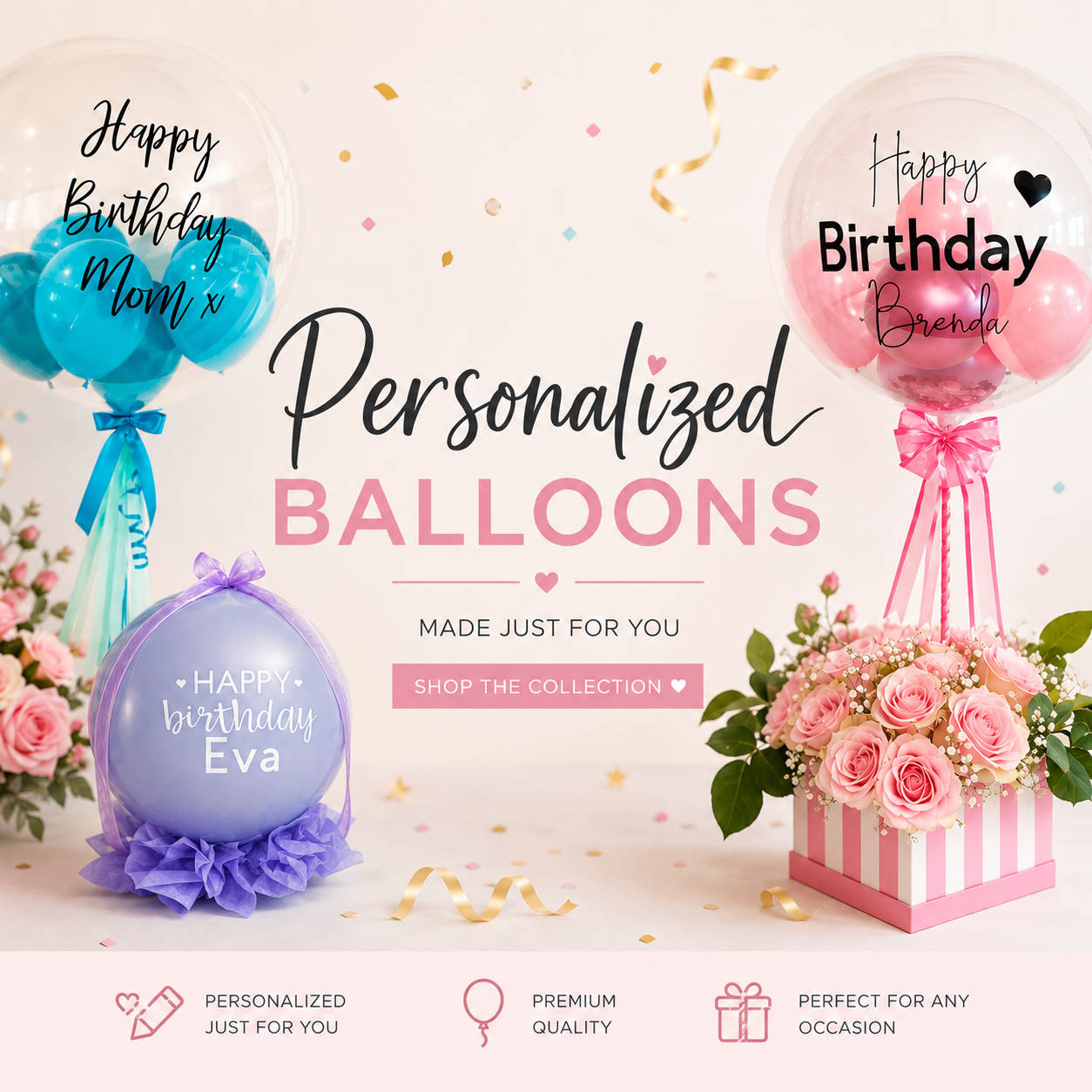 Personalized Balloons Toronto collection banner featuring custom bubble balloons with names, birthday messages, floral balloon gifts, and personalized balloon bouquets for delivery in Toronto and GTA.