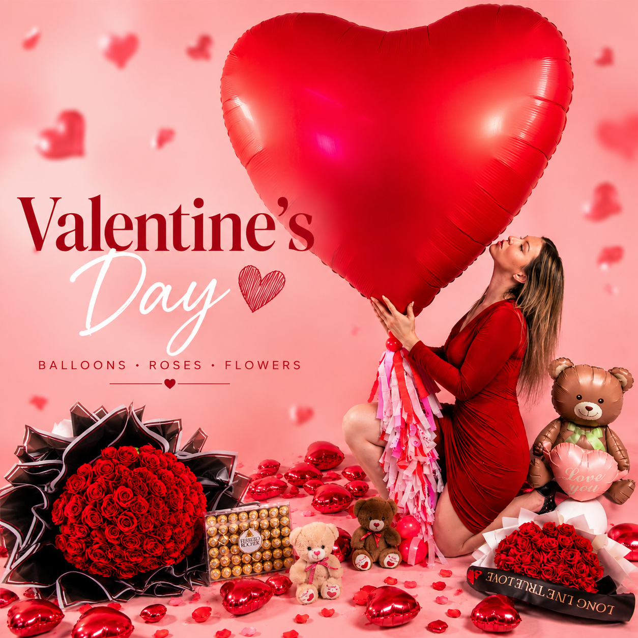 Valentine’s Day balloons, roses and flower bouquets in Toronto by Wooow Balloons featuring giant heart balloon, luxury rose bouquets, teddy bear gifts and romantic Valentine decor.