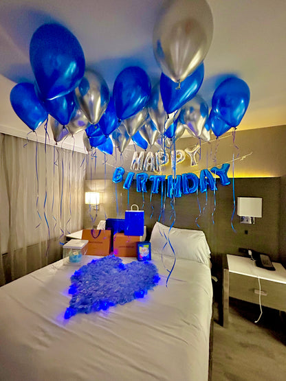 Blue & Silver Happy Birthday Balloon Decor with helium balloons, banner, and number stands.