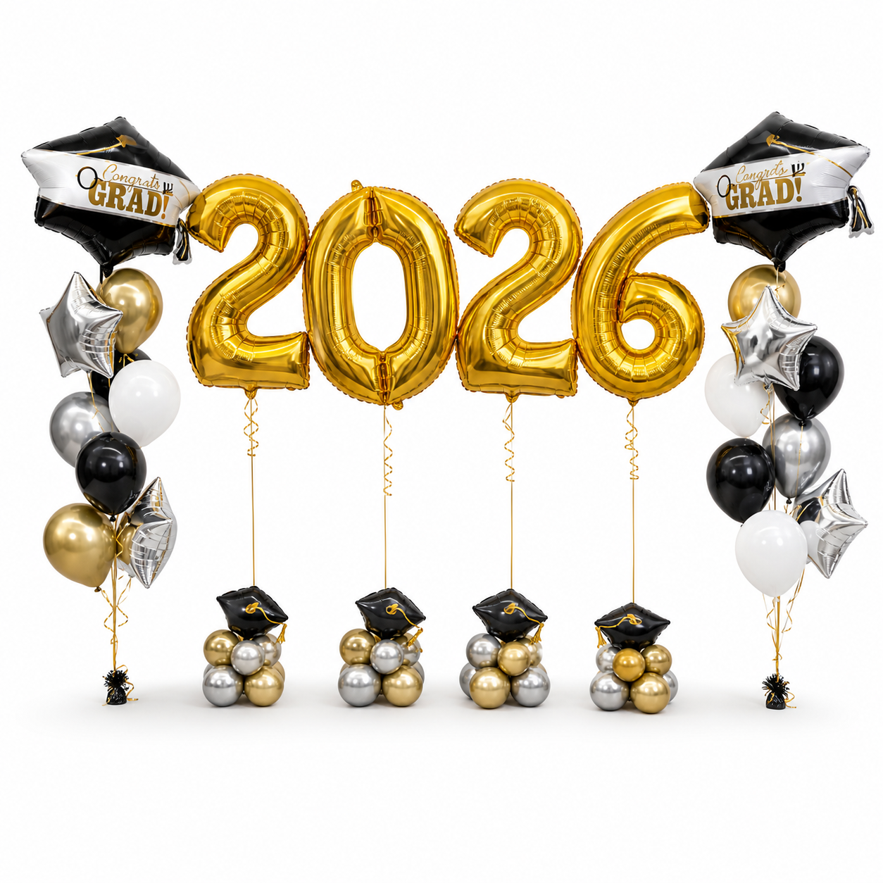 2026 graduation balloon display with gold foil number balloons and black white balloon decor, custom graduation party setup Toronto GTA
