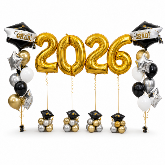 2026 graduation balloon display with gold foil number balloons and black white balloon decor, custom graduation party setup Toronto GTA