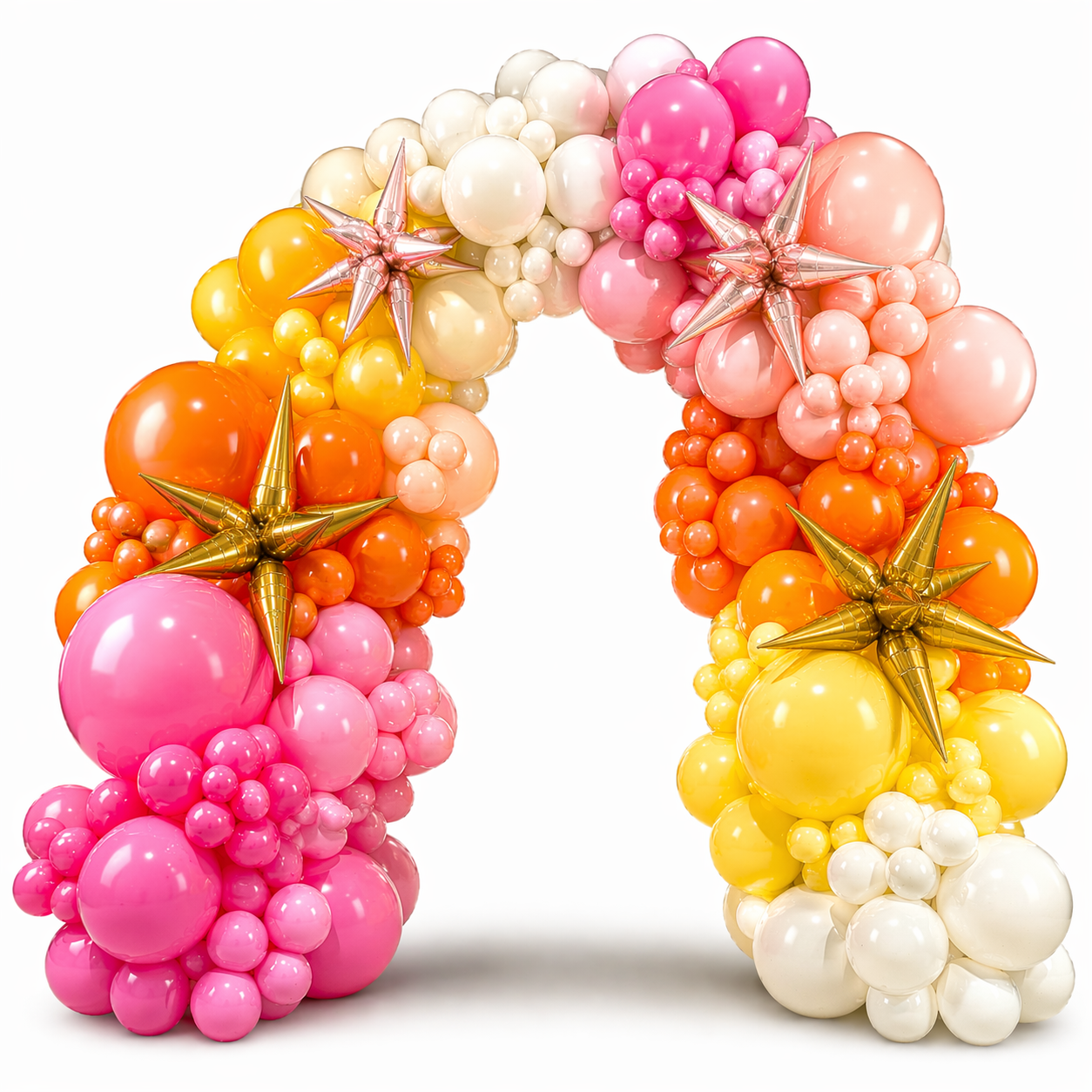 Colorful balloon arch with stars on a white background