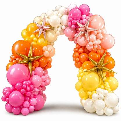 Colorful balloon arch with stars on a white background