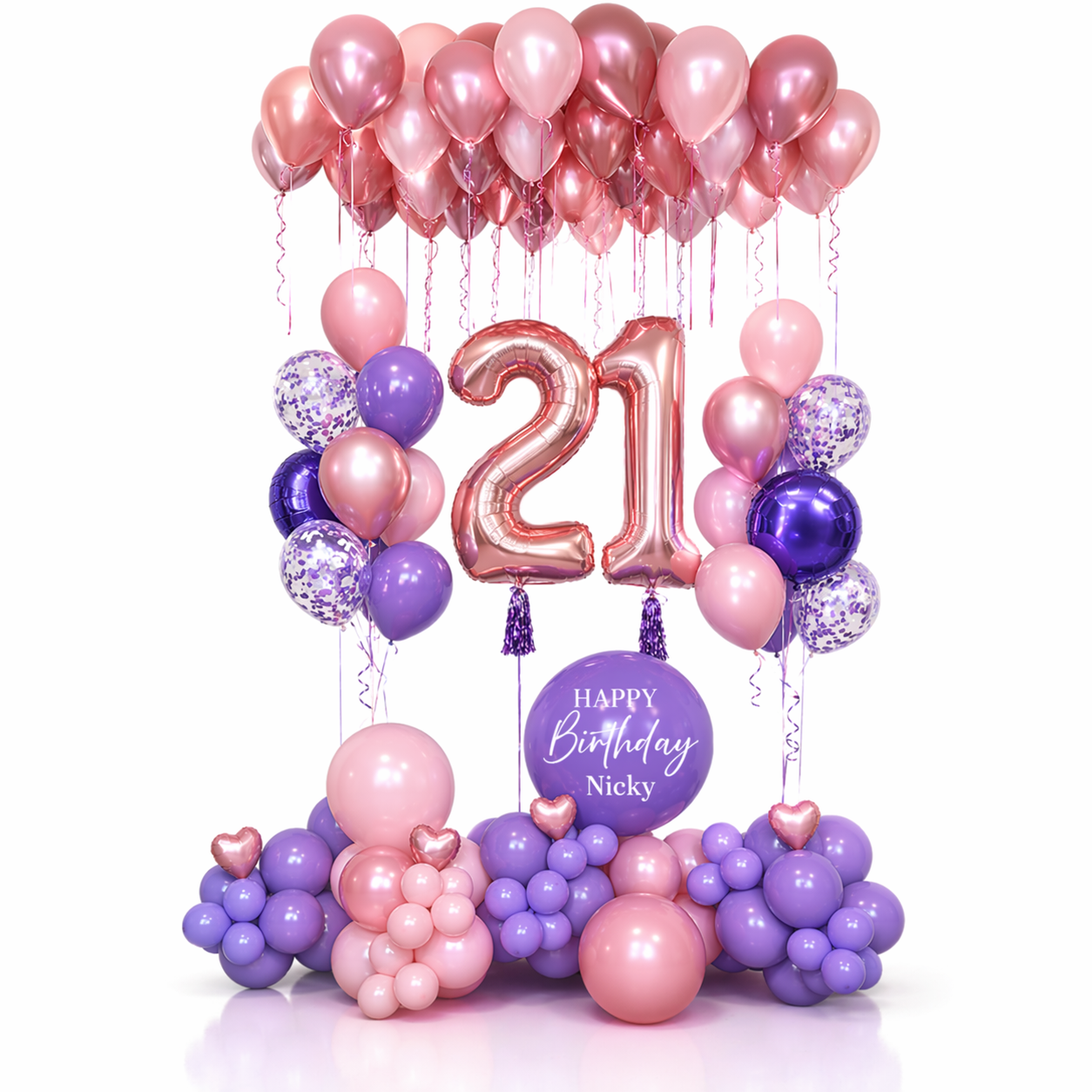 Luxury 21st birthday balloon arrangement in pink and purple with rose gold number balloons and personalized Happy Birthday Nicky balloon display Toronto